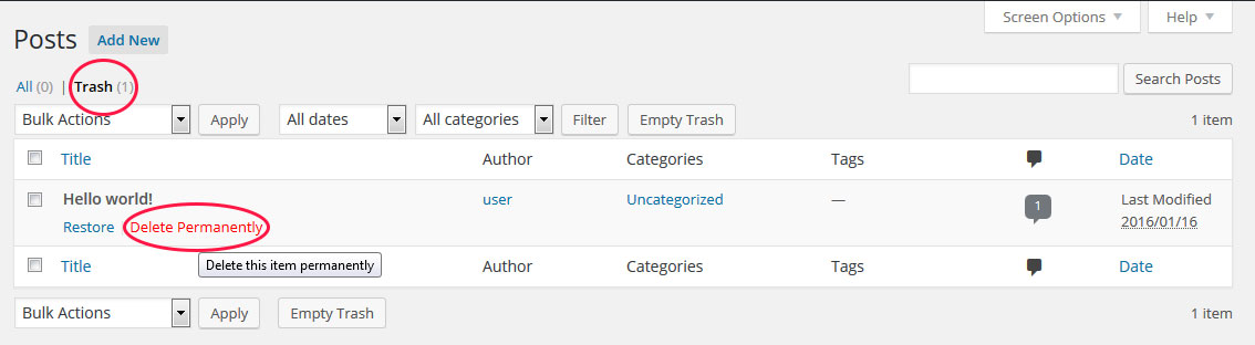 empty trash in WordPress