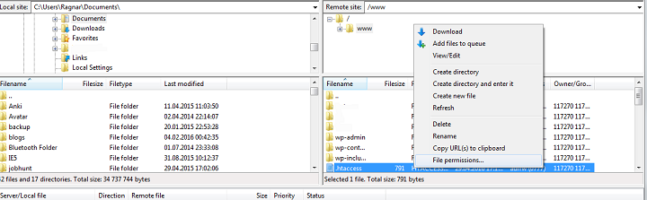 file permissions linux filezilla