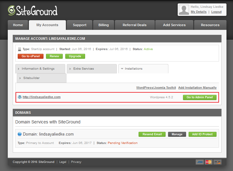 SiteGround - Successful WordPress Installation